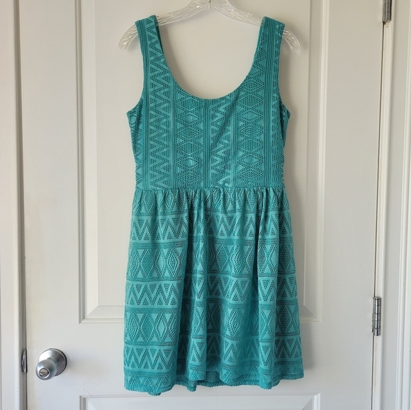 Teal Summer Crotchet Lace Eyelet Tank Mini Dress - Picture 5 of 7